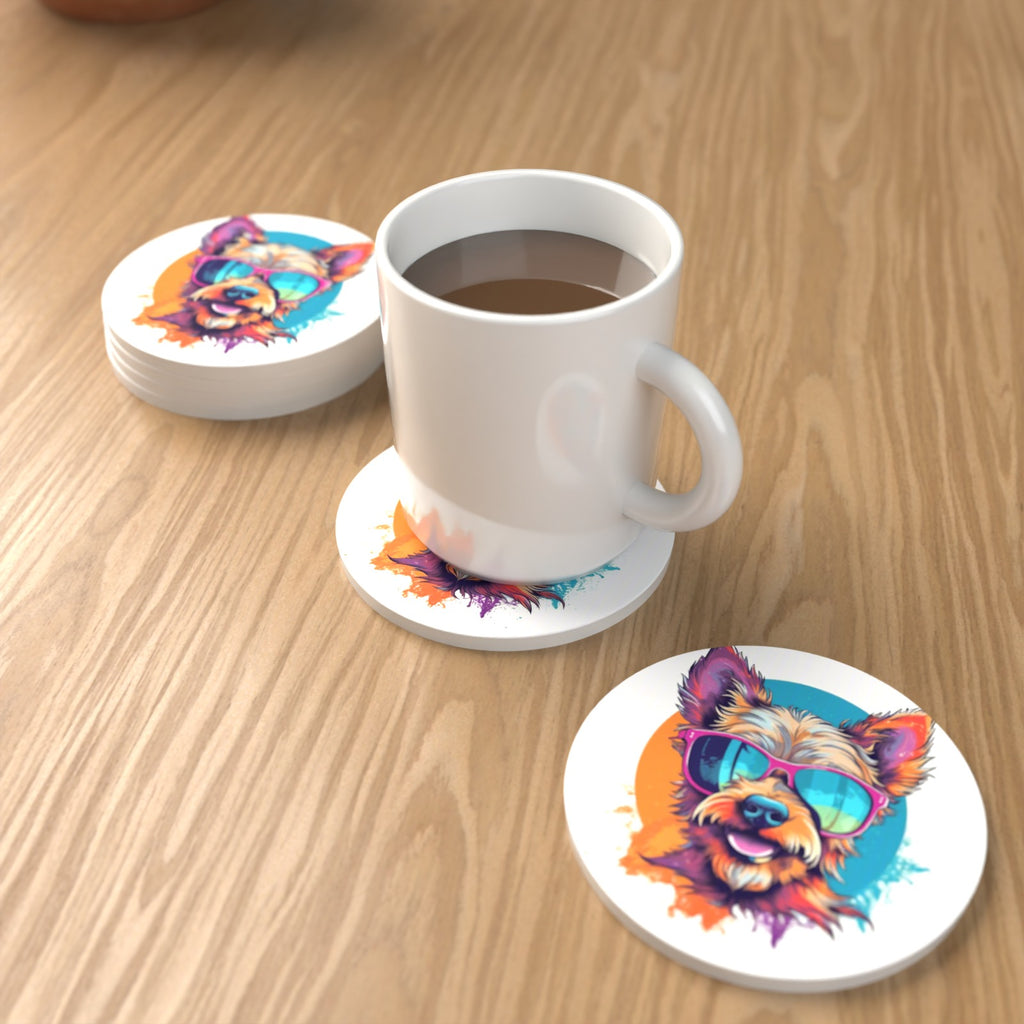 Terrier in Pink Sunglasses Round Ceramic Coasters – Set of 6 – lifestyle mockup with a mug of coffee