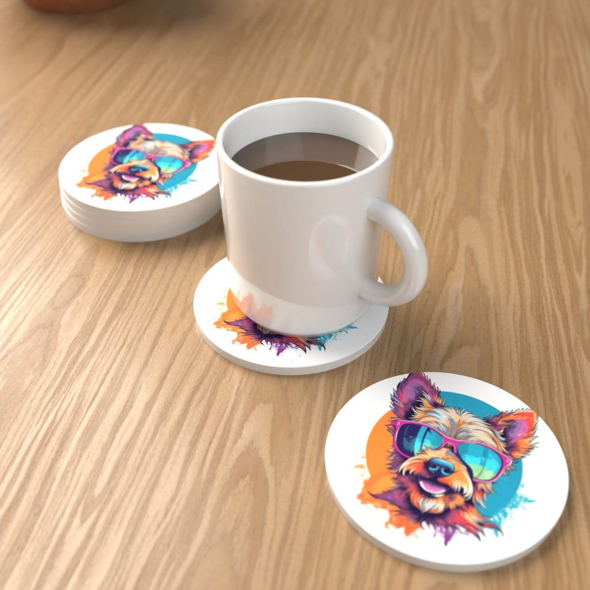 Terrier in Pink Sunglasses Round Ceramic Coasters – Set of 6 – lifestyle mockup with a mug of coffee