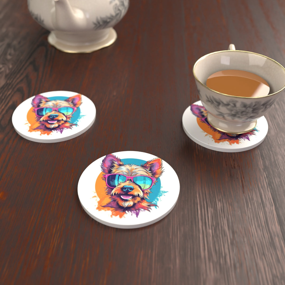 Terrier in Pink Sunglasses Round Ceramic Coasters – Set of 6 – lifestyle mockup with a teacup