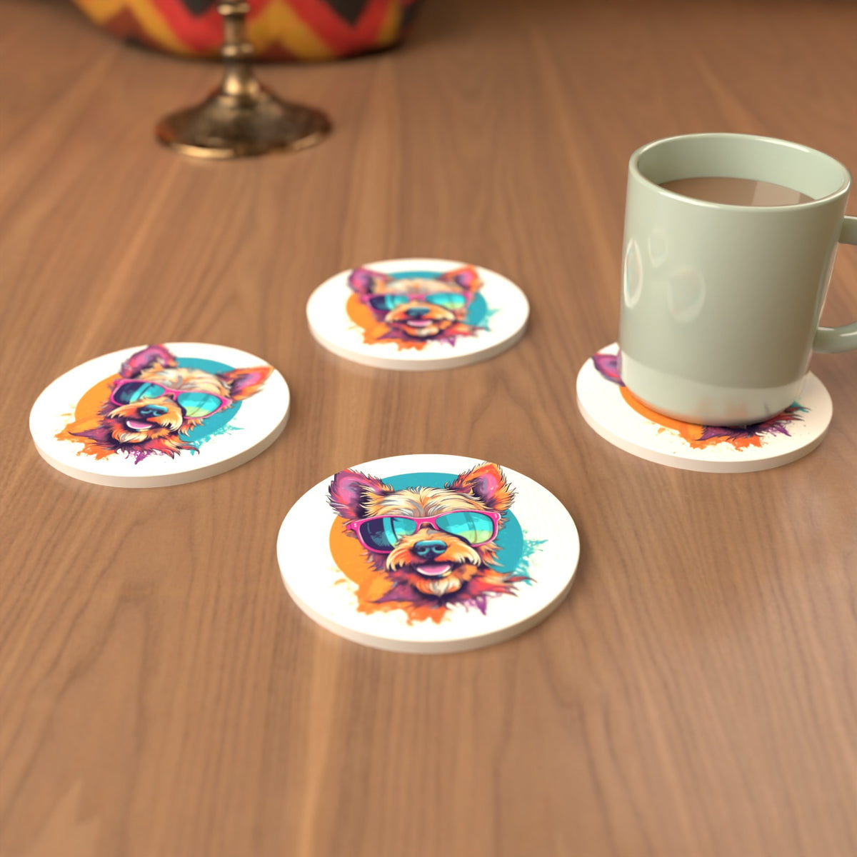Terrier in Pink Sunglasses Round Ceramic Coasters – Set of 6 – cosy lifestyle mockup