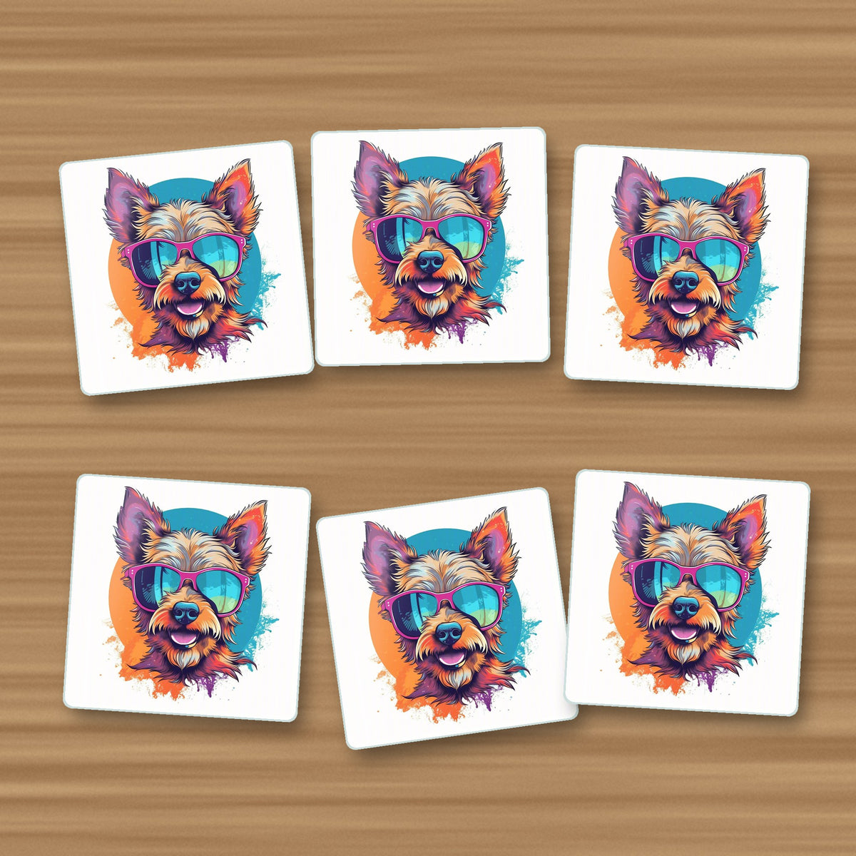 Terrier in Pink Sunglasses square glass coasters, set of 6, on an oak coffee table