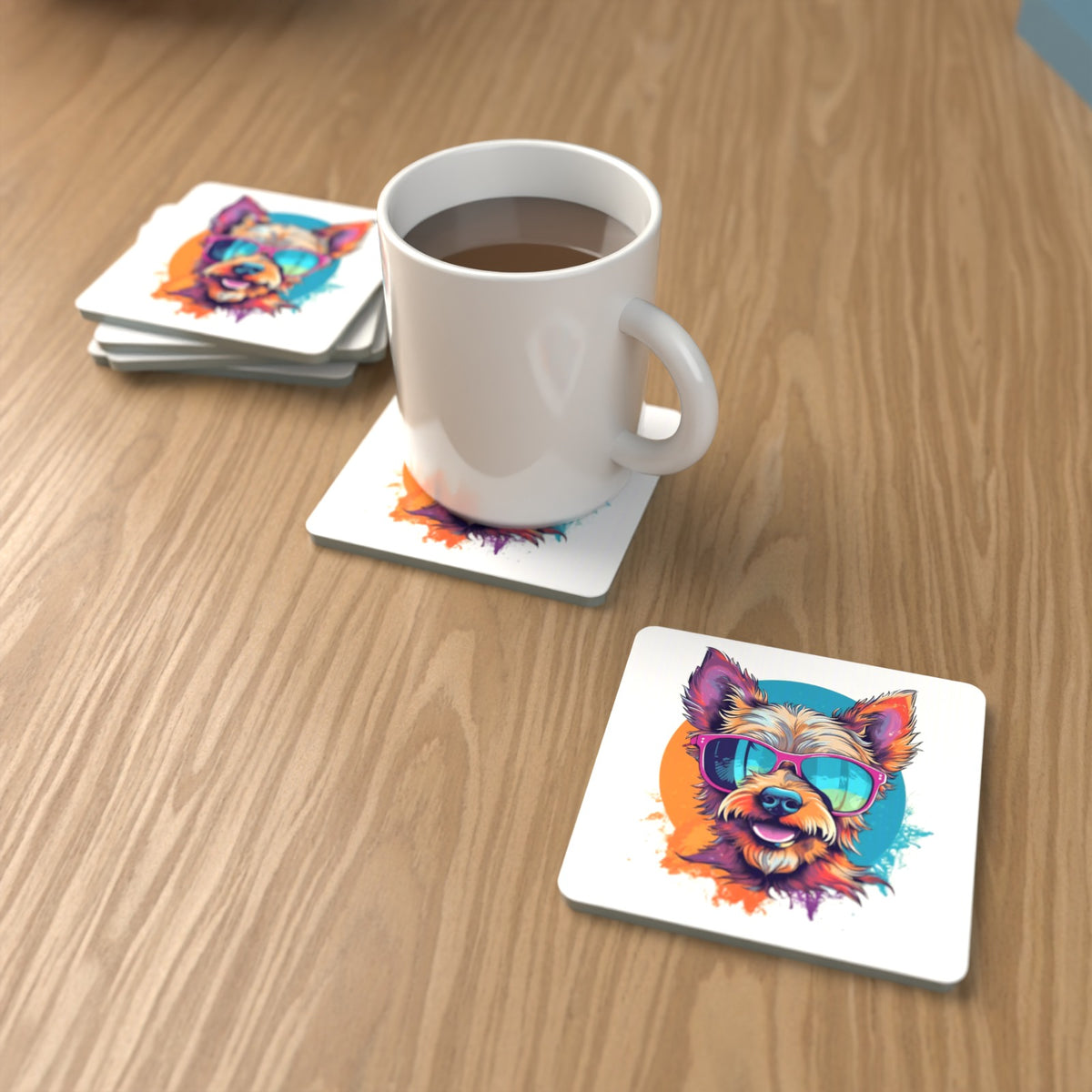 Terrier in Pink Sunglasses Square Glass Coasters – Set of 6 – lifestyle mockup with a mug of coffee