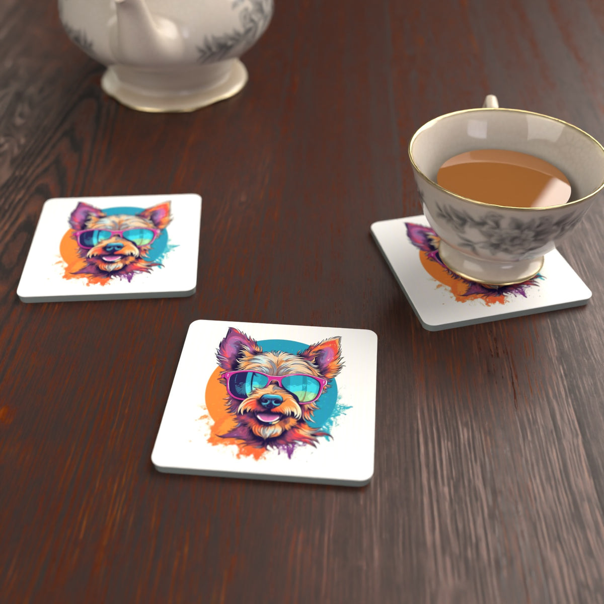 Terrier in Pink Sunglasses Square Glass Coasters – Set of 6 – lifestyle mockup with a teacup