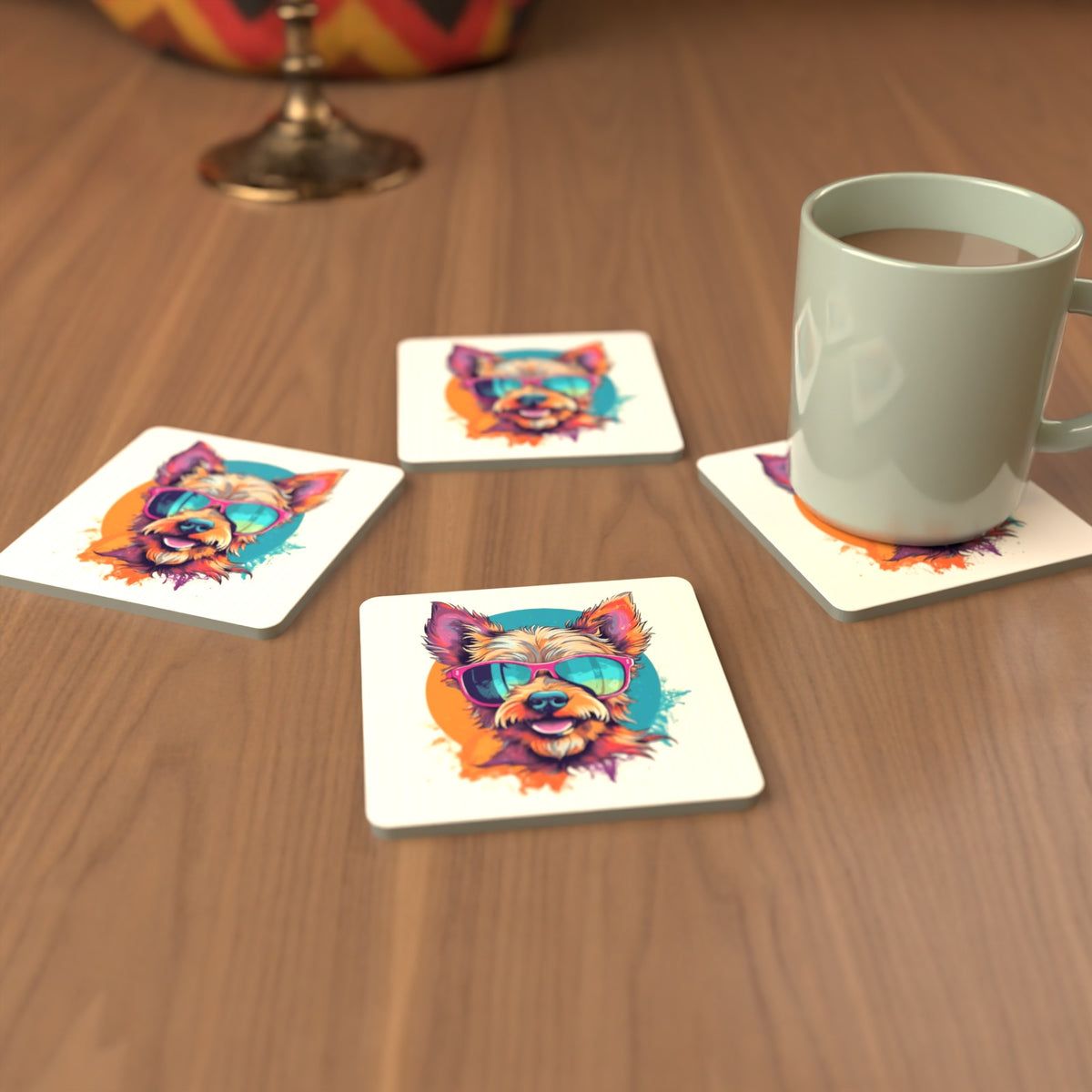 Terrier in Pink Sunglasses Square Glass Coasters – Set of 6 – cosy lifestyle mockup