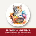Kitten in a Wool Basket round ceramic coaster set of 6 – pre-order / backorder, dispatching mid to late November 2026