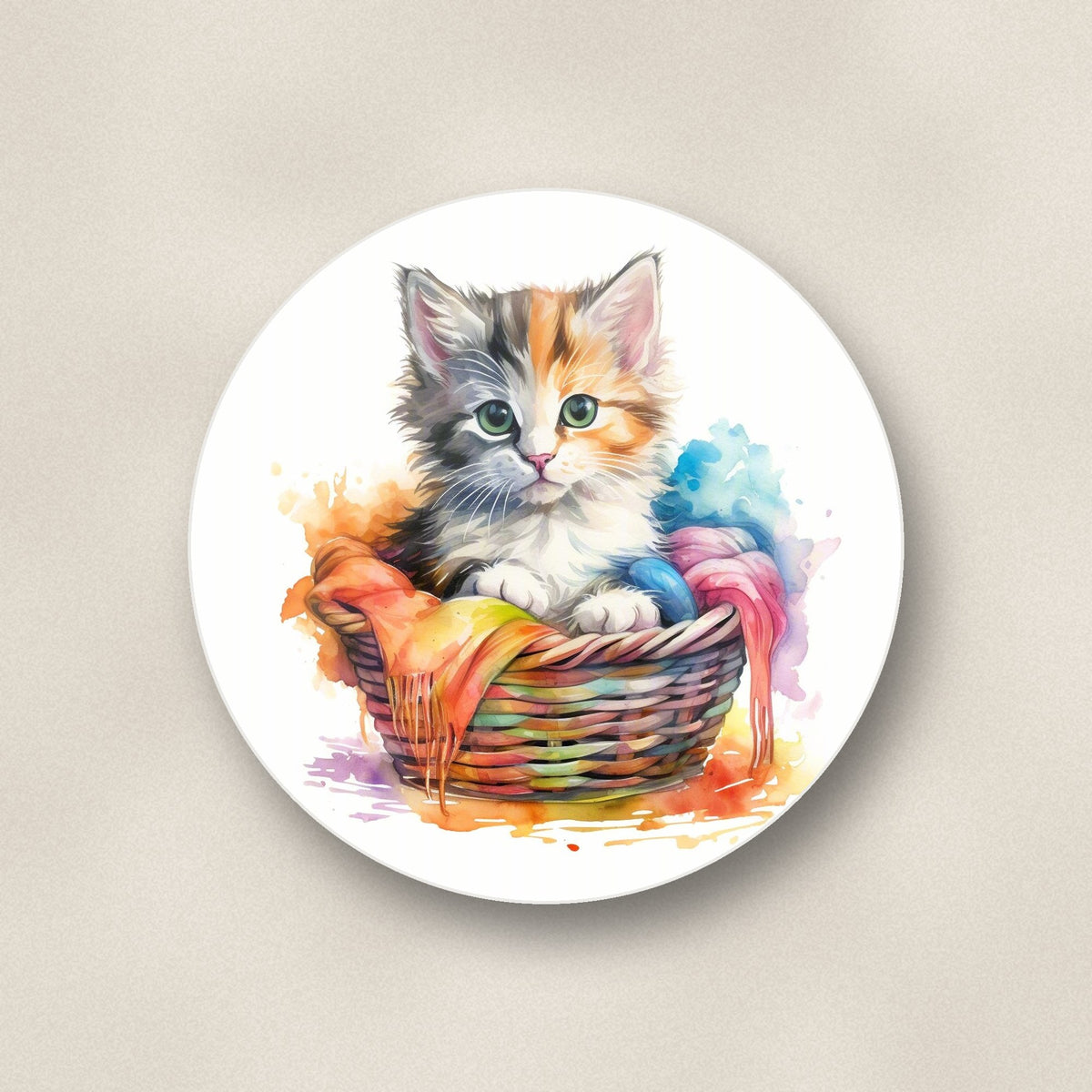 Close-up of one kitten in a wool basket round ceramic coaster, flat UV print