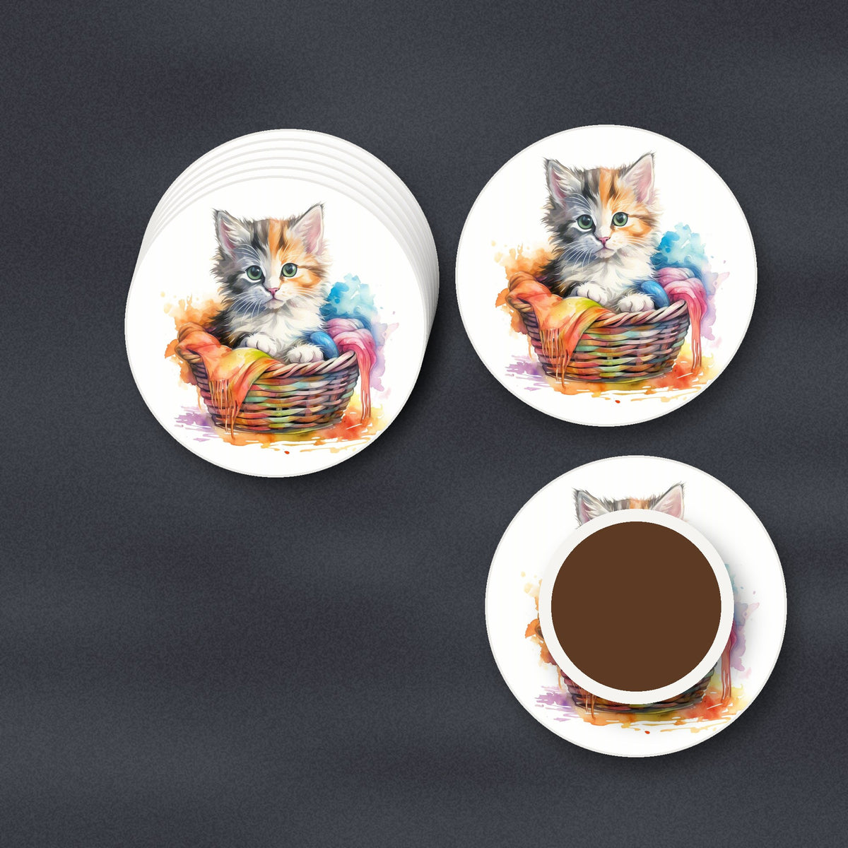 Kitten in a Wool Basket round ceramic coasters stacked on a slate kitchen worktop