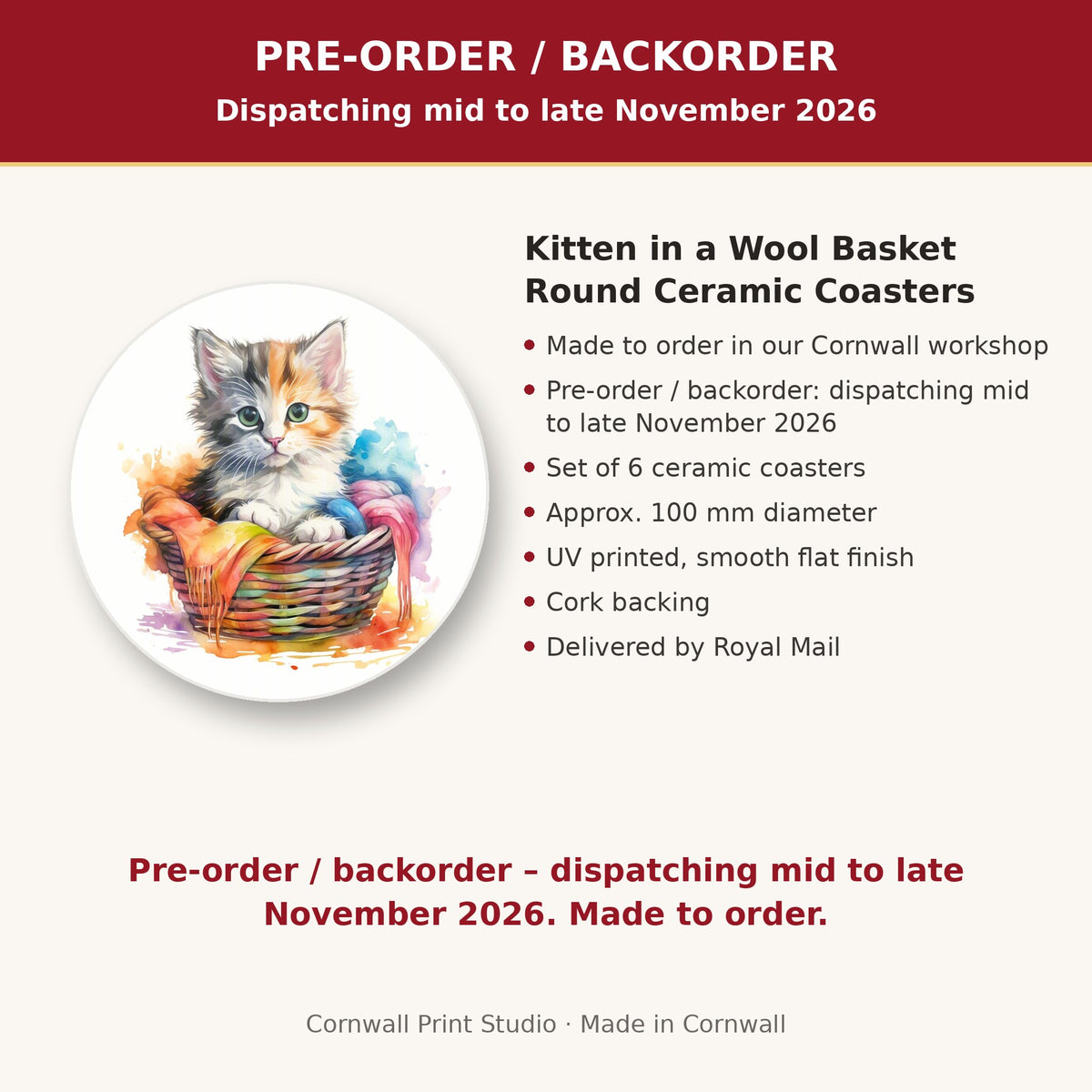 Info card: Kitten in a Wool Basket Round Ceramic Coasters – Set of 6, made to order, dispatching mid to late November 2026, delivered by Royal Mail