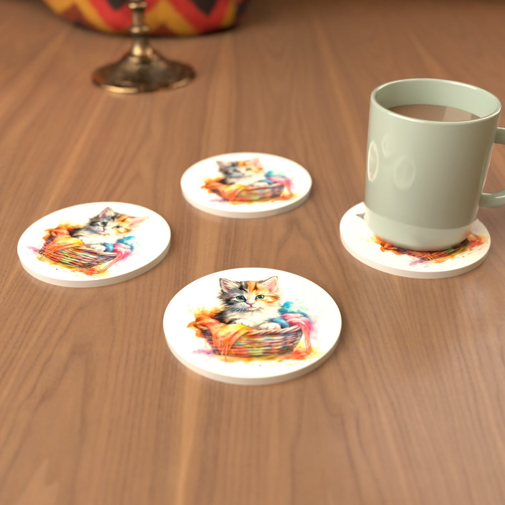 Kitten in a Wool Basket Round Ceramic Coasters – Set of 6 – cosy lifestyle mockup