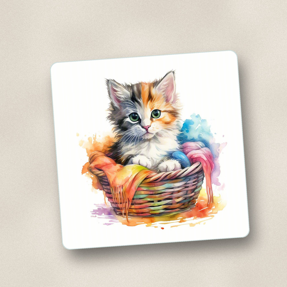 Close-up of one kitten in a wool basket square glass coaster, flat UV print