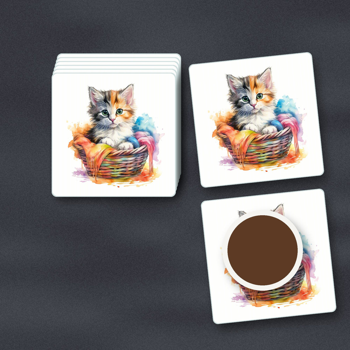 Kitten in a Wool Basket square glass coasters stacked on a slate kitchen worktop