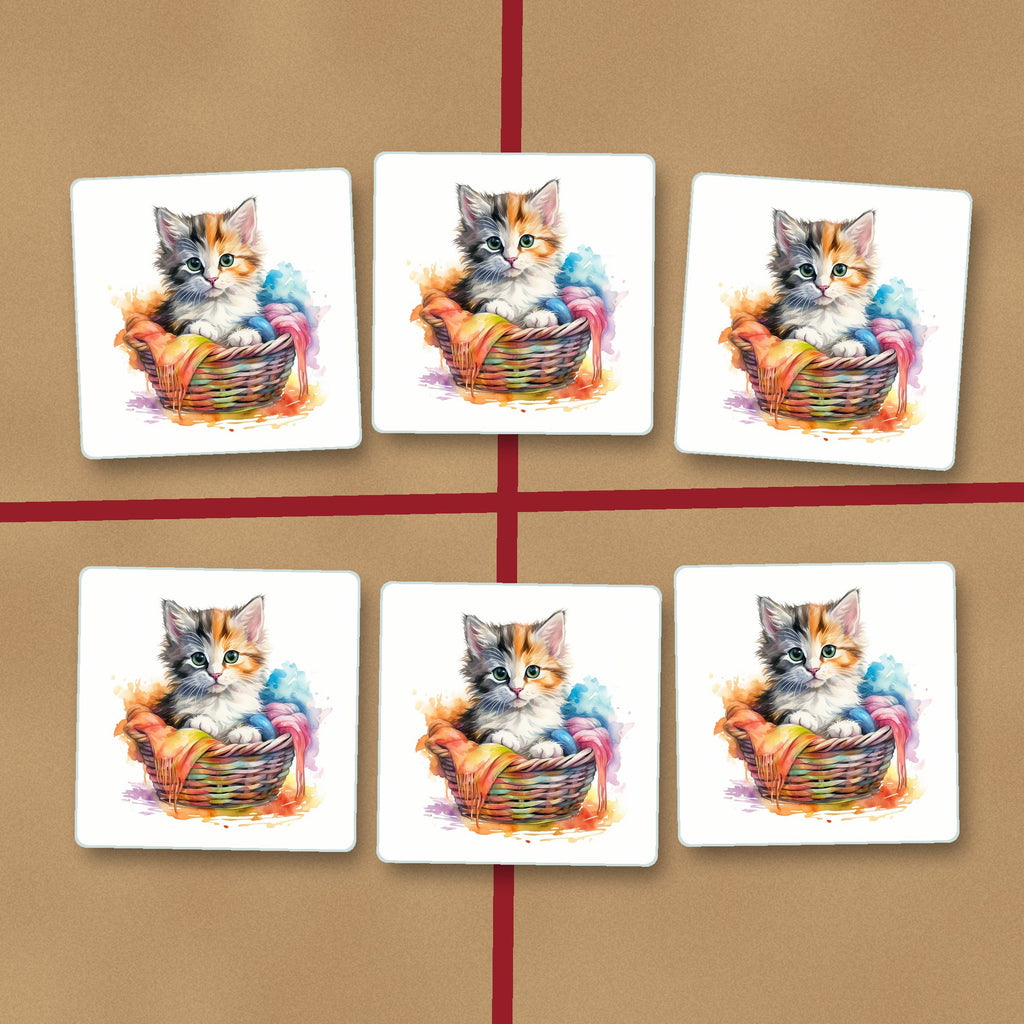 Kitten in a Wool Basket square glass coasters on kraft gift wrap
