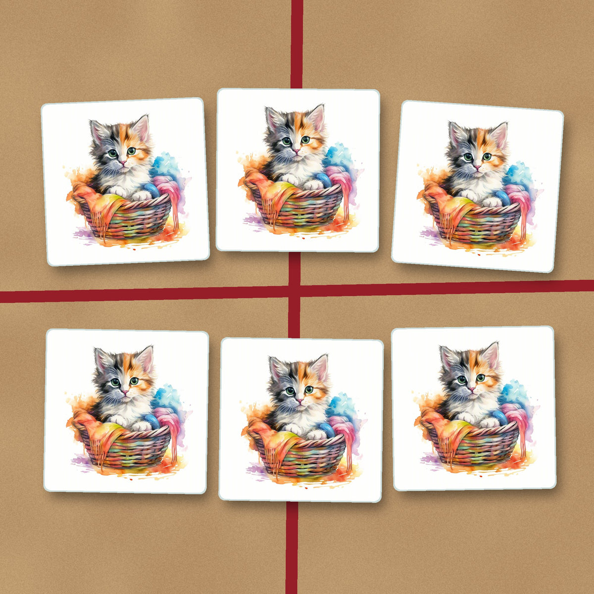 Kitten in a Wool Basket square glass coasters on kraft gift wrap