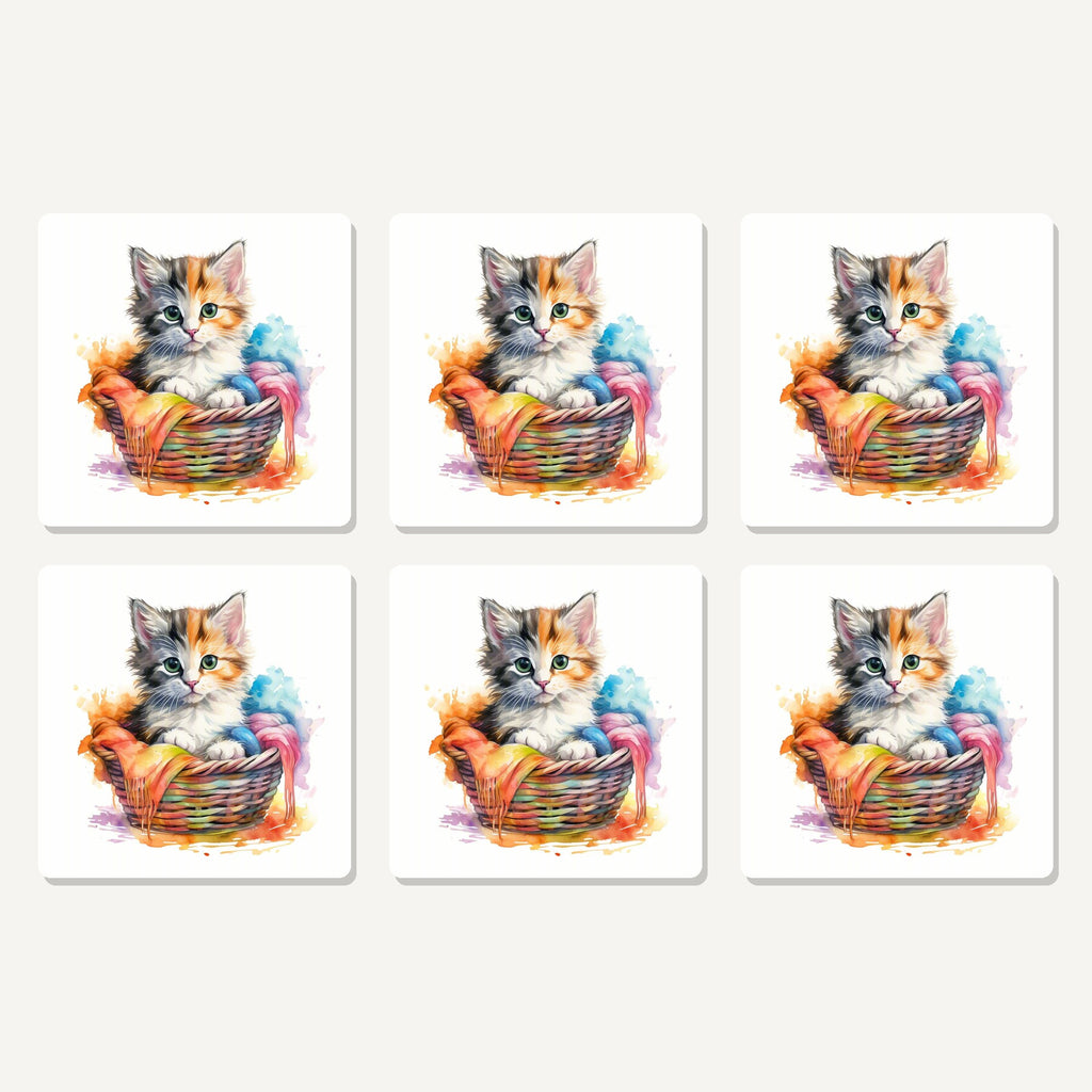 Flat lay of the kitten in a wool basket artwork on six square coasters