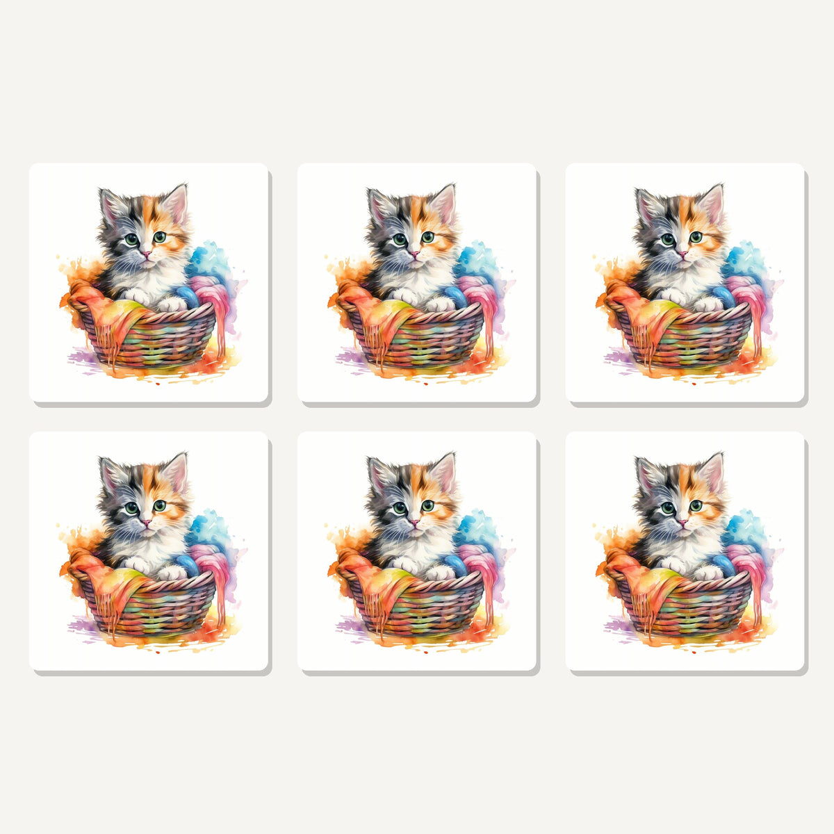Flat lay of the kitten in a wool basket artwork on six square coasters