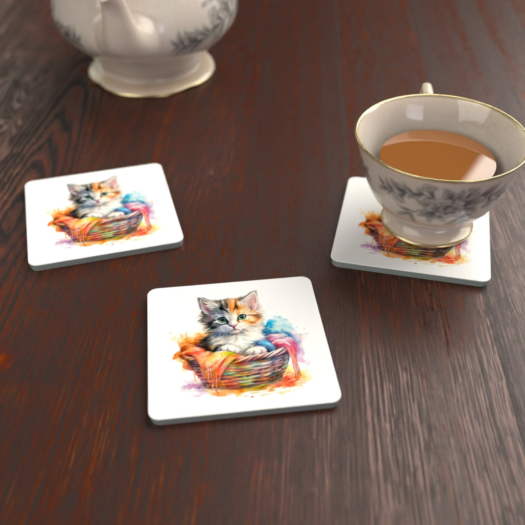 Kitten in a Wool Basket Square Glass Coasters – Set of 6 – lifestyle mockup with a teacup