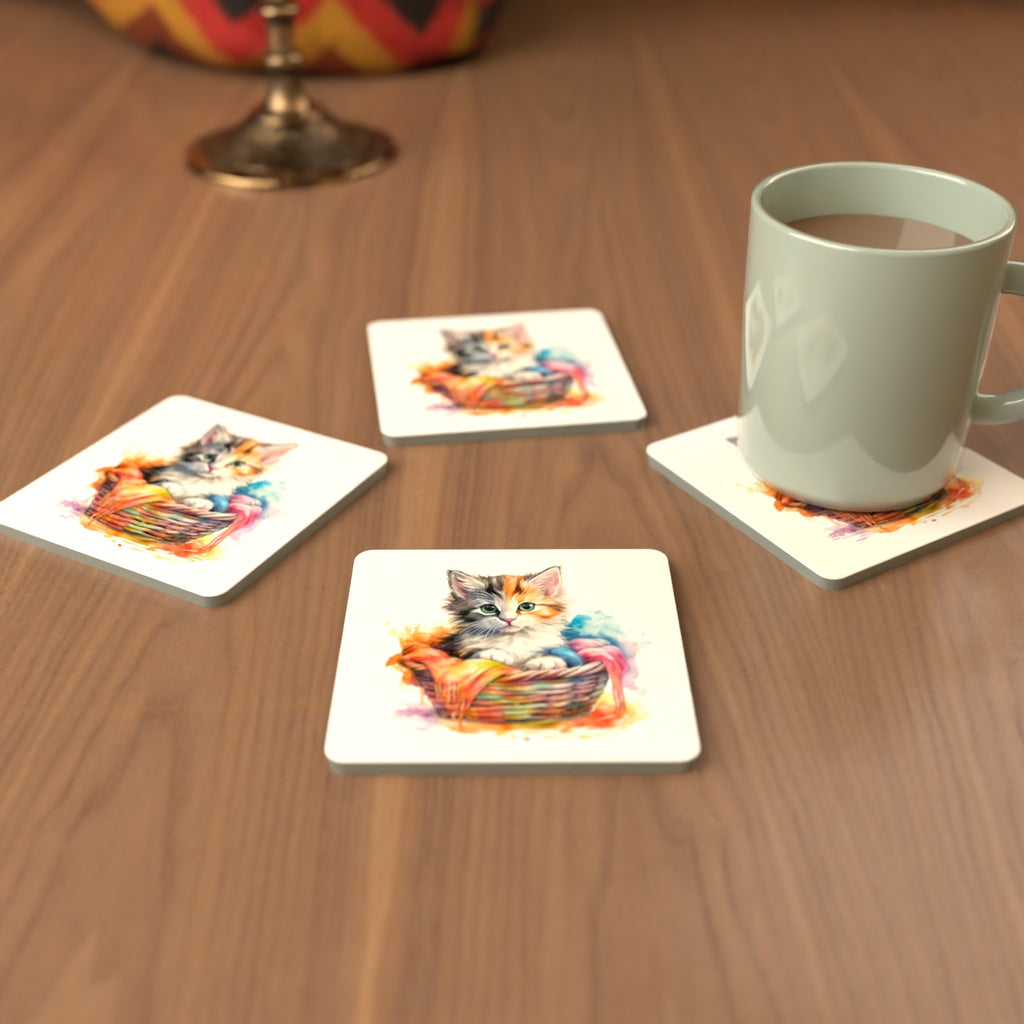 Kitten in a Wool Basket Square Glass Coasters – Set of 6 – cosy lifestyle mockup