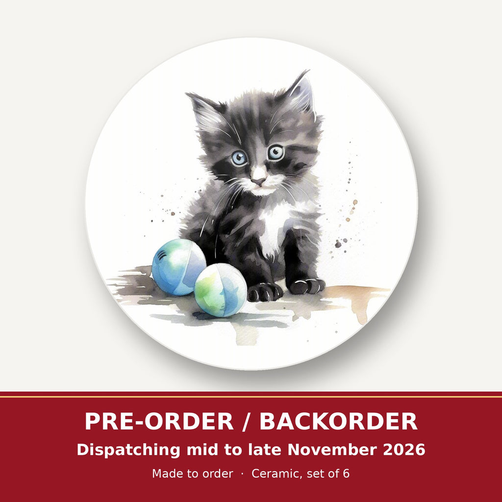 Black & White Kitten with Balls round ceramic coaster set of 6 – pre-order / backorder, dispatching mid to late November 2026