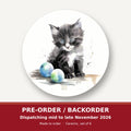 Black & White Kitten with Balls round ceramic coaster set of 6 – pre-order / backorder, dispatching mid to late November 2026