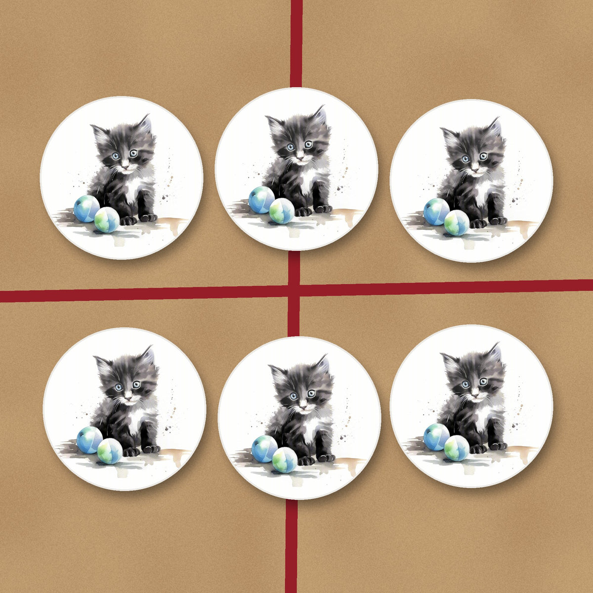 Black & White Kitten with Balls round ceramic coasters on kraft gift wrap