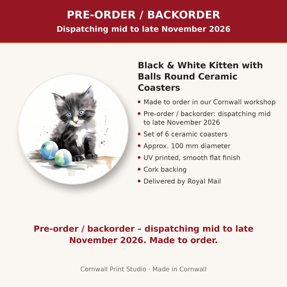 Info card: Black & White Kitten with Balls Round Ceramic Coasters – Set of 6, made to order, dispatching mid to late November 2026, delivered by Royal Mail