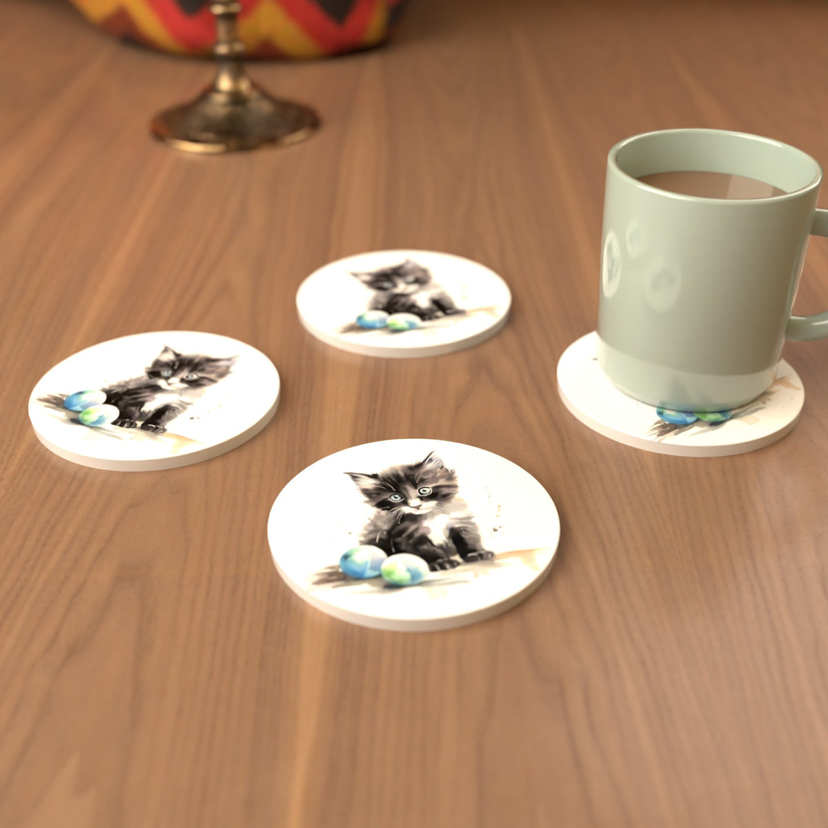 Black & White Kitten with Balls Round Ceramic Coasters – Set of 6 – cosy lifestyle mockup