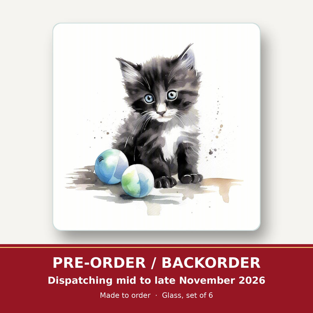 Black & White Kitten with Balls square glass coaster set of 6 – pre-order / backorder, dispatching mid to late November 2026