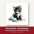 Black & White Kitten with Balls square glass coaster set of 6 – pre-order / backorder, dispatching mid to late November 2026