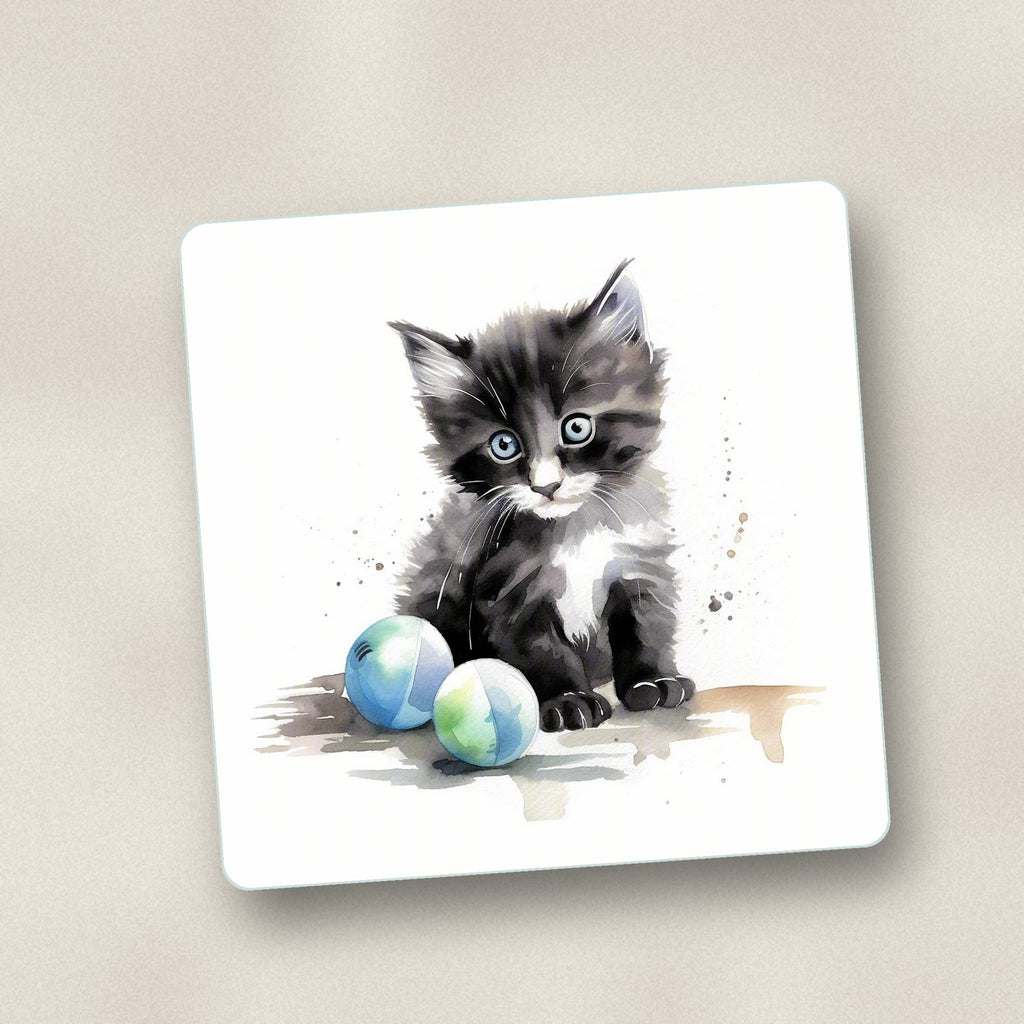 Close-up of one black & white kitten with balls square glass coaster, flat UV print
