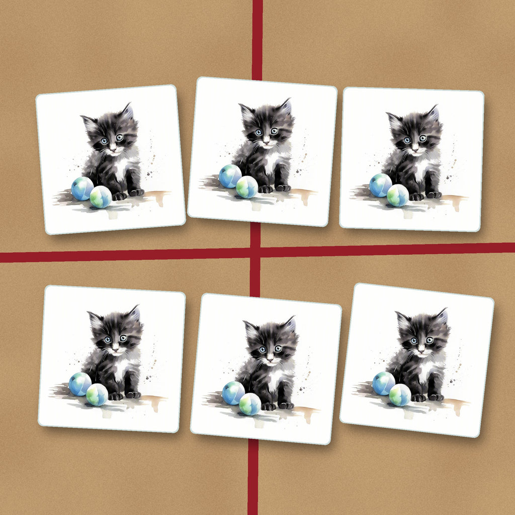 Black & White Kitten with Balls square glass coasters on kraft gift wrap
