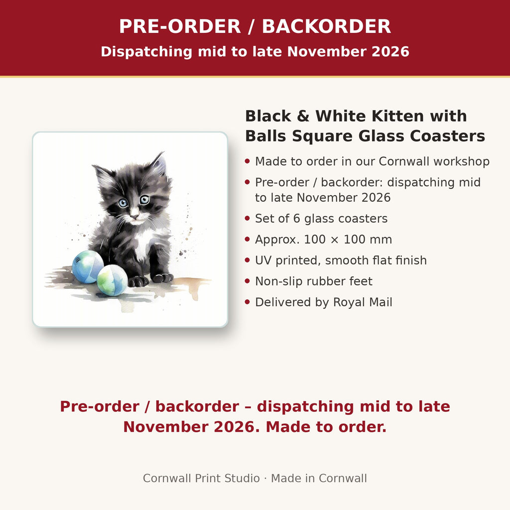 Info card: Black & White Kitten with Balls Square Glass Coasters – Set of 6, made to order, dispatching mid to late November 2026, delivered by Royal Mail