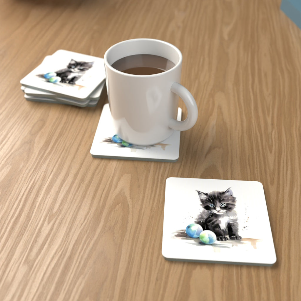 Black & White Kitten with Balls Square Glass Coasters – Set of 6 – lifestyle mockup with a mug of coffee