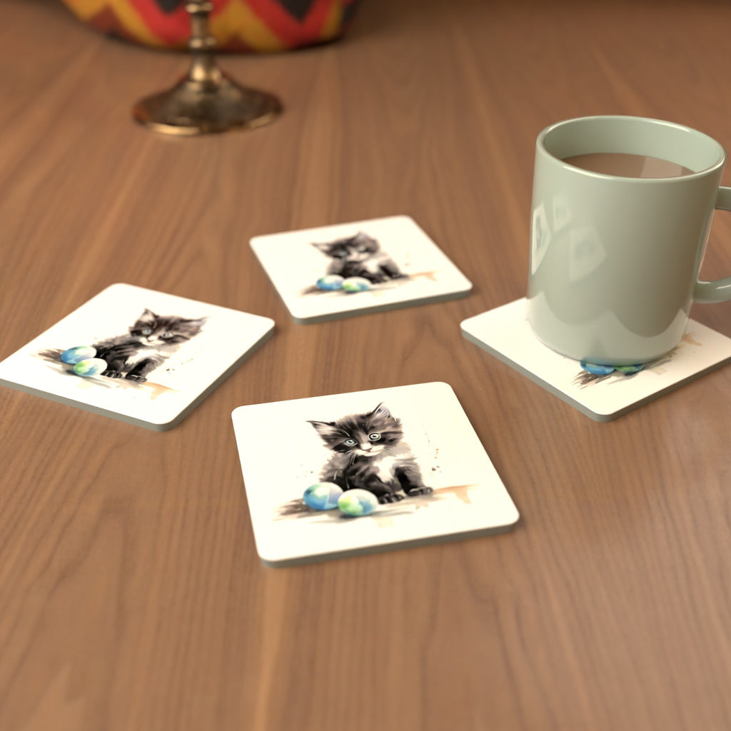 Black & White Kitten with Balls Square Glass Coasters – Set of 6 – cosy lifestyle mockup