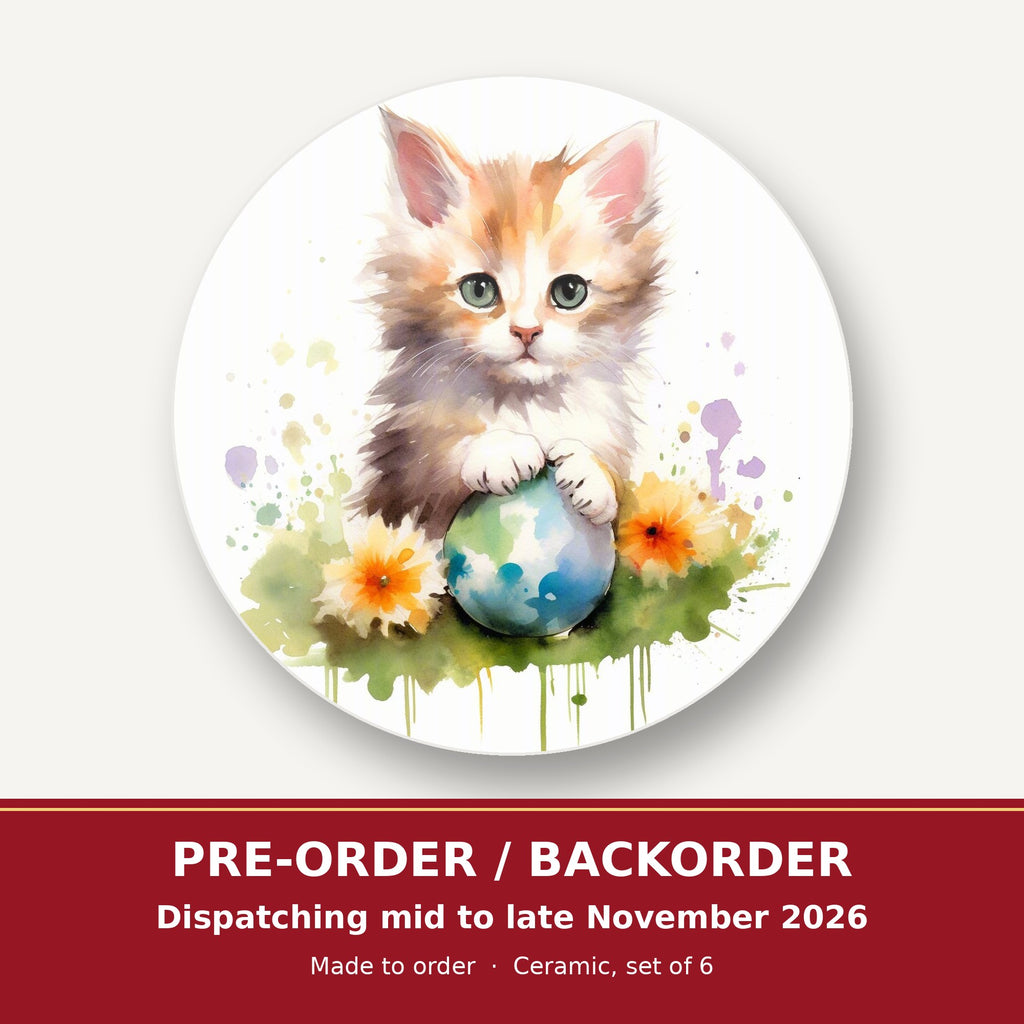Ginger Kitten with Flowers & Ball round ceramic coaster set of 6 – pre-order / backorder, dispatching mid to late November 2026
