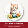 Ginger Kitten with Flowers & Ball round ceramic coaster set of 6 – pre-order / backorder, dispatching mid to late November 2026