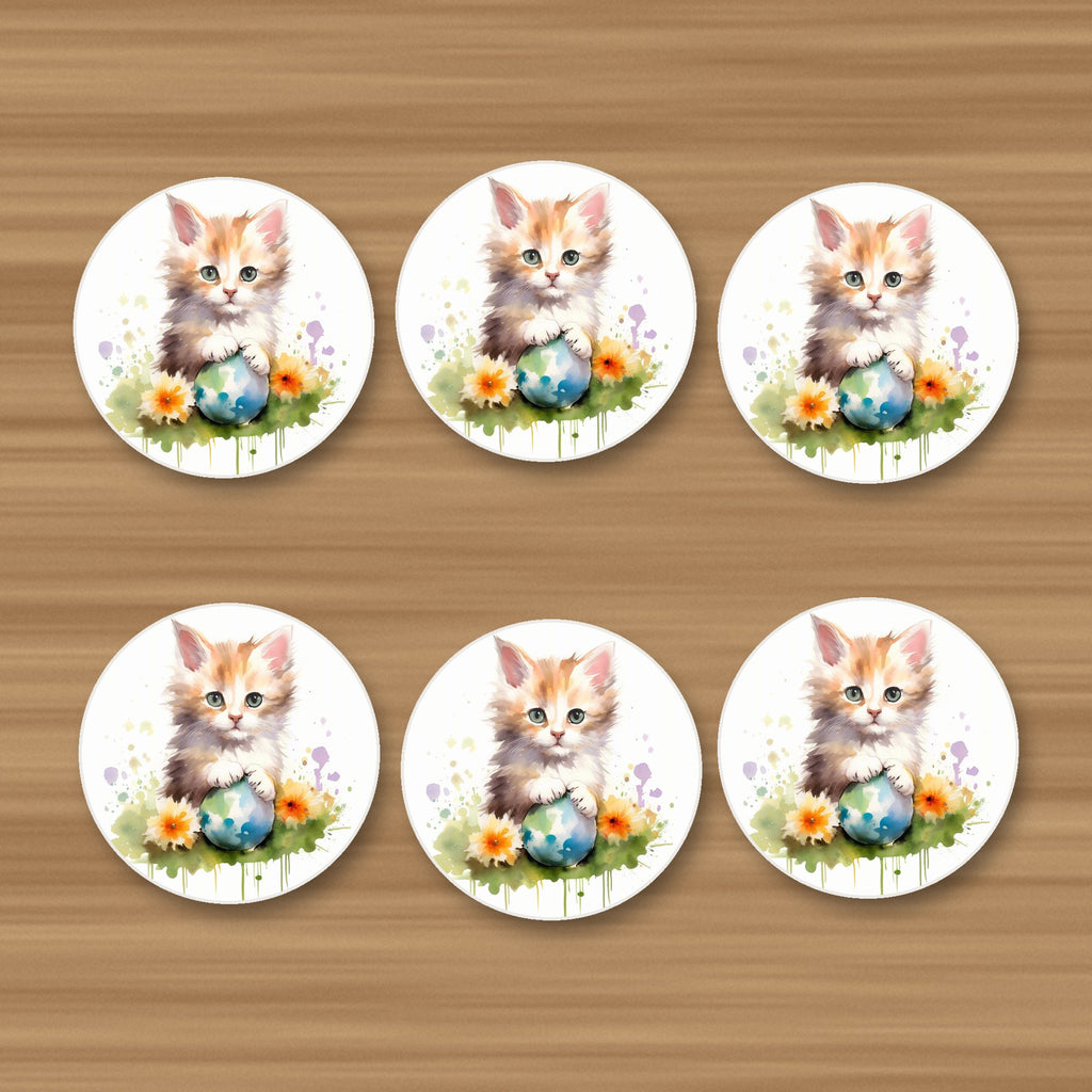 Ginger Kitten with Flowers & Ball round ceramic coasters, set of 6, on an oak coffee table