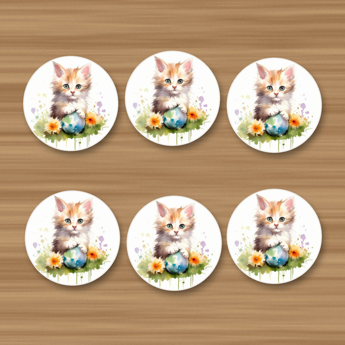 Ginger Kitten with Flowers & Ball round ceramic coasters, set of 6, on an oak coffee table