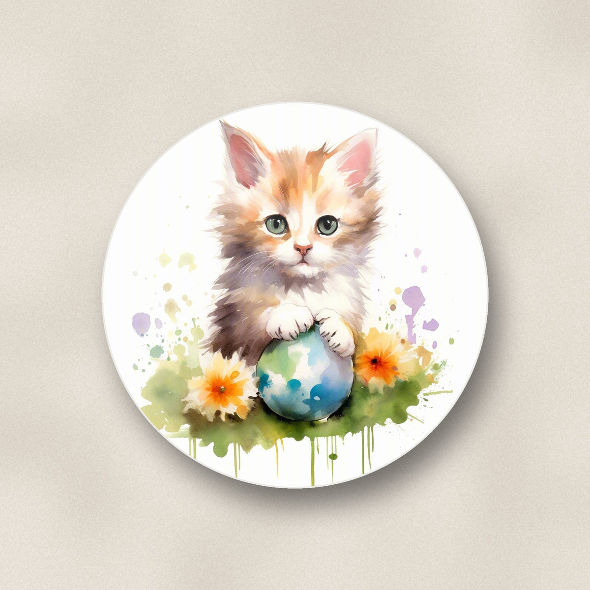 Close-up of one ginger kitten with flowers & ball round ceramic coaster, flat UV print