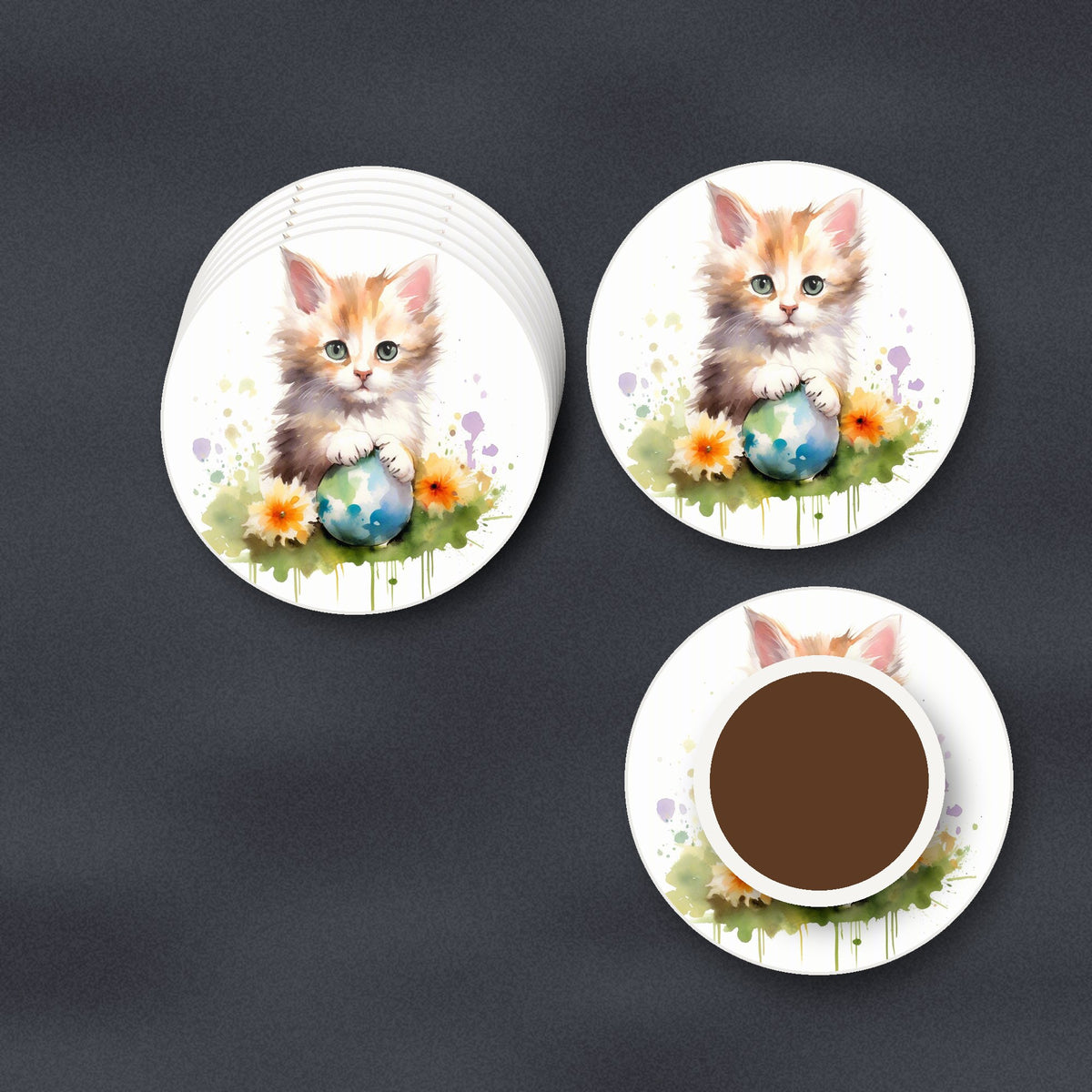 Ginger Kitten with Flowers & Ball round ceramic coasters stacked on a slate kitchen worktop