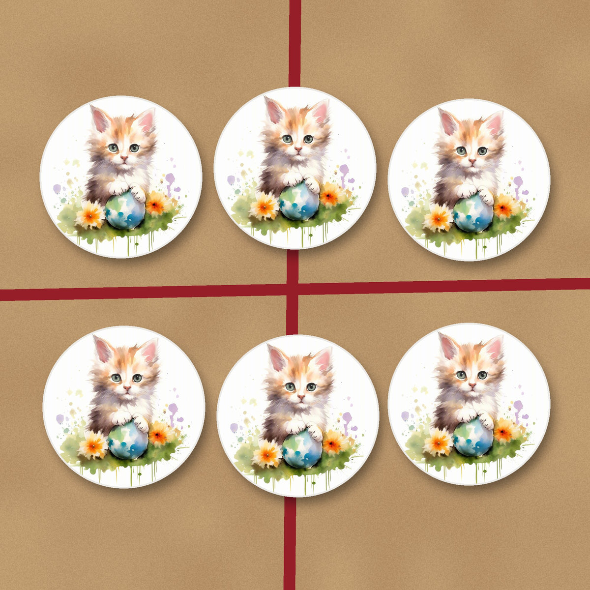Ginger Kitten with Flowers & Ball round ceramic coasters on kraft gift wrap