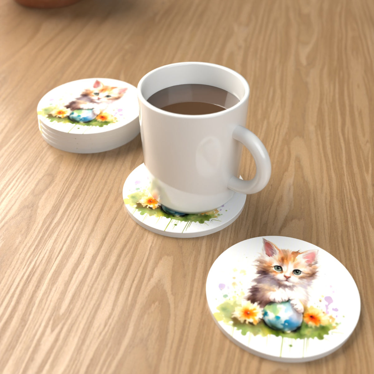 Ginger Kitten with Flowers & Ball Round Ceramic Coasters – Set of 6 – lifestyle mockup with a mug of coffee