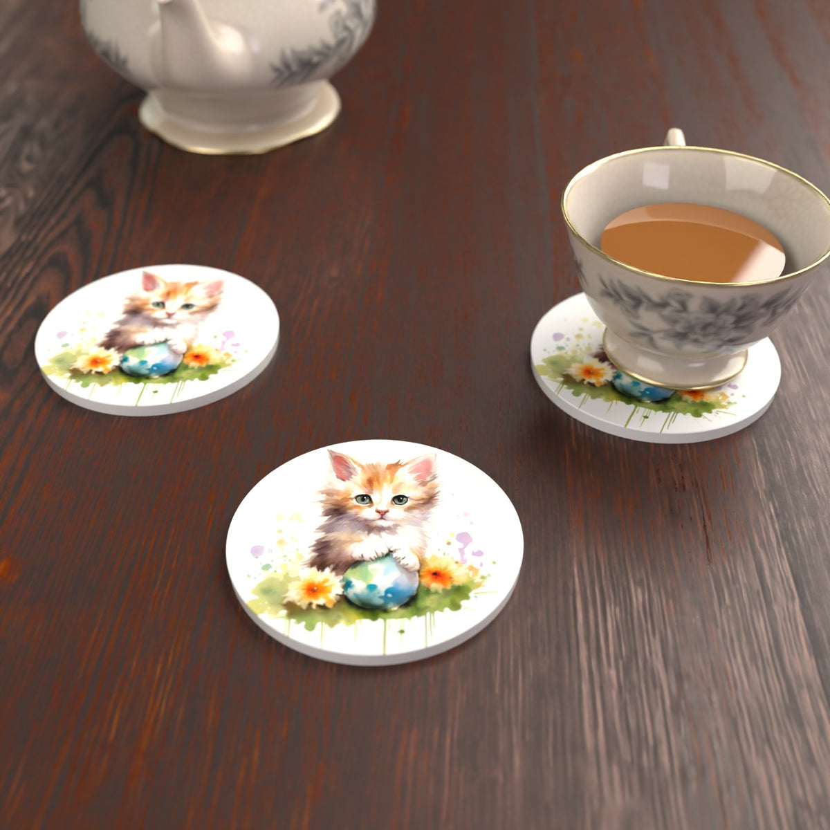 Ginger Kitten with Flowers & Ball Round Ceramic Coasters – Set of 6 – lifestyle mockup with a teacup