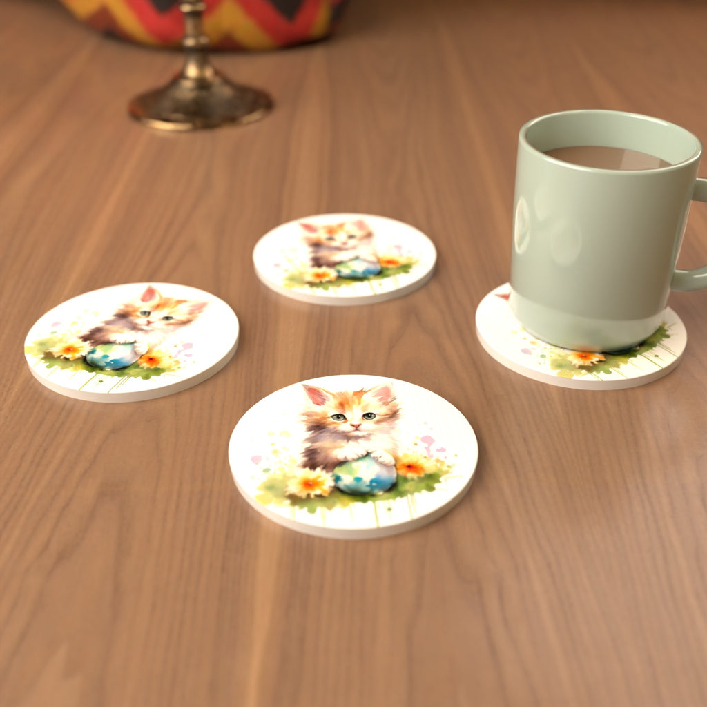Ginger Kitten with Flowers & Ball Round Ceramic Coasters – Set of 6 – cosy lifestyle mockup