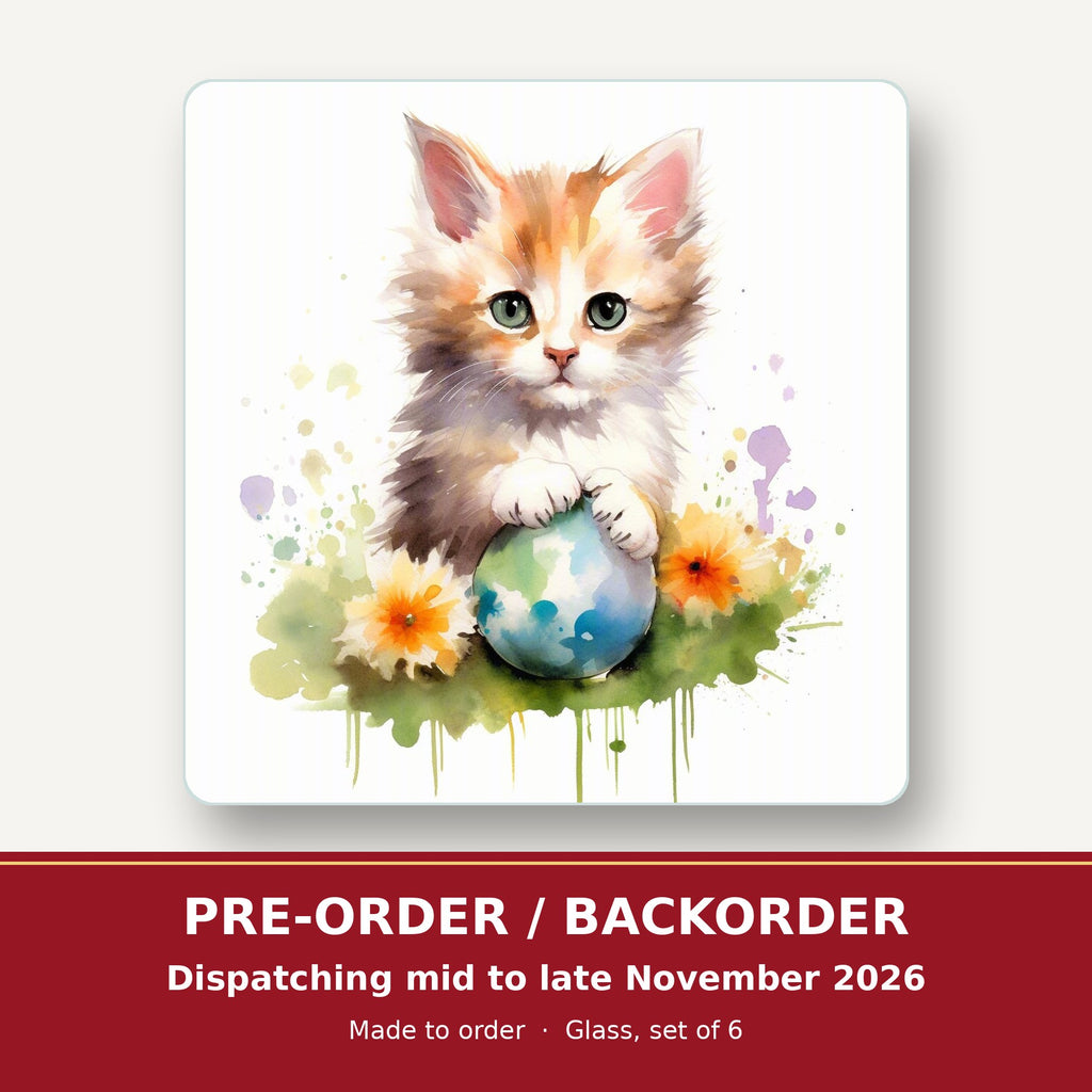 Ginger Kitten with Flowers & Ball square glass coaster set of 6 – pre-order / backorder, dispatching mid to late November 2026