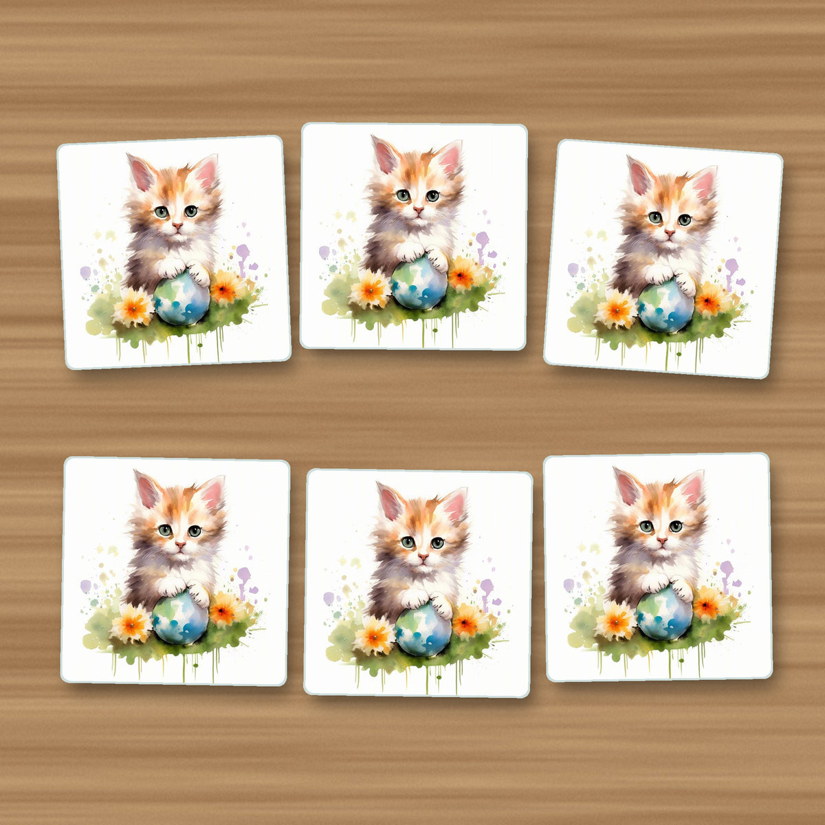 Ginger Kitten with Flowers & Ball square glass coasters, set of 6, on an oak coffee table