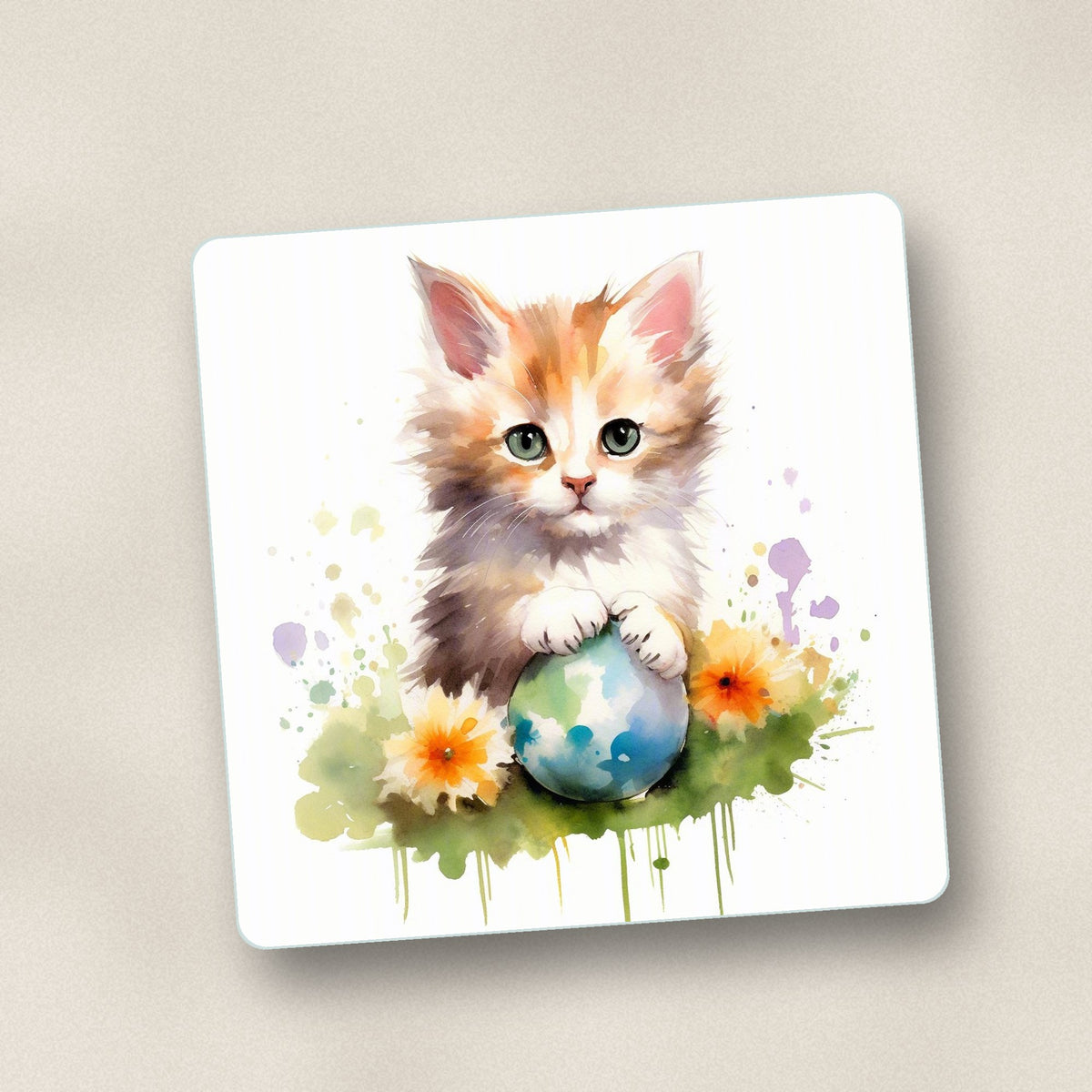 Close-up of one ginger kitten with flowers & ball square glass coaster, flat UV print