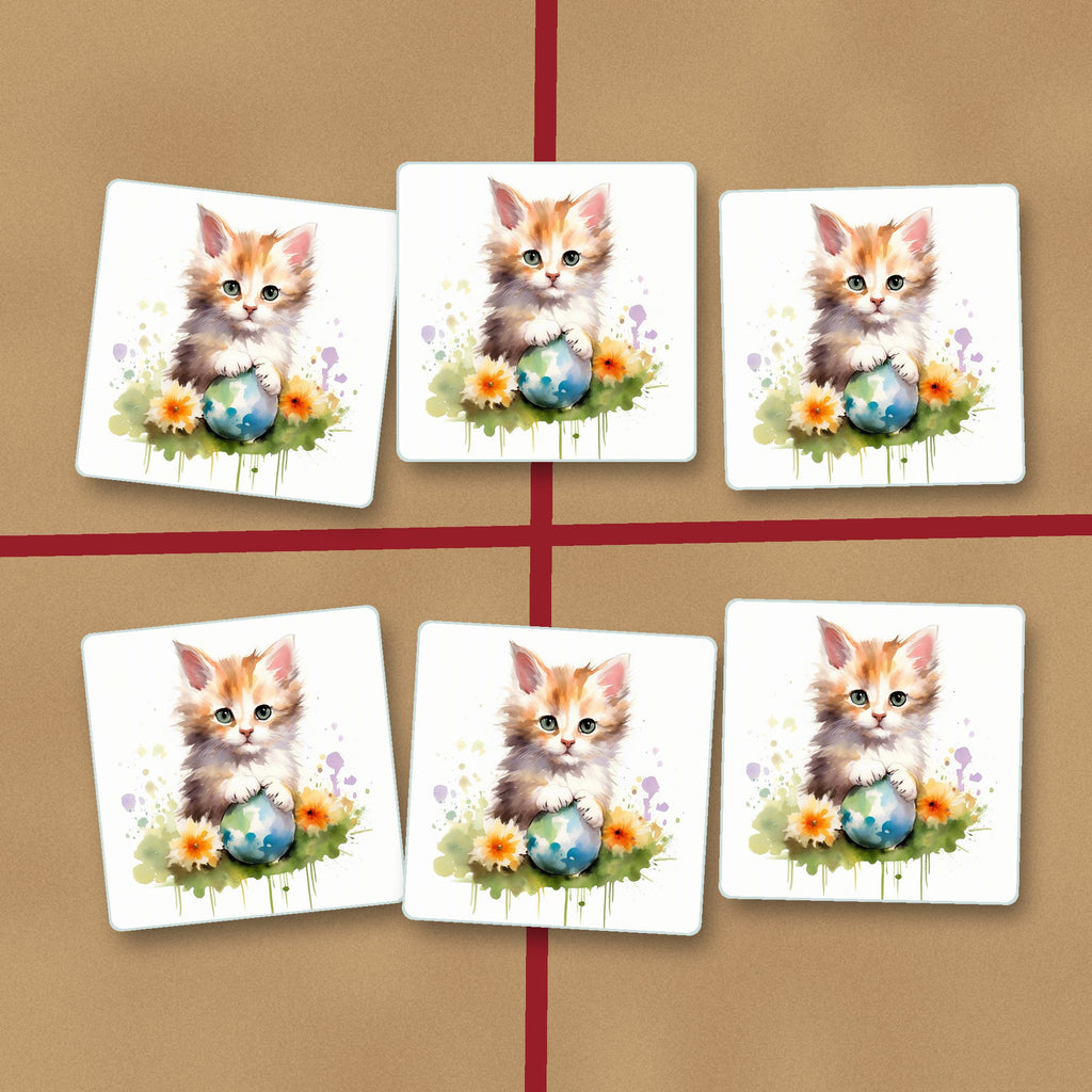 Ginger Kitten with Flowers & Ball square glass coasters on kraft gift wrap