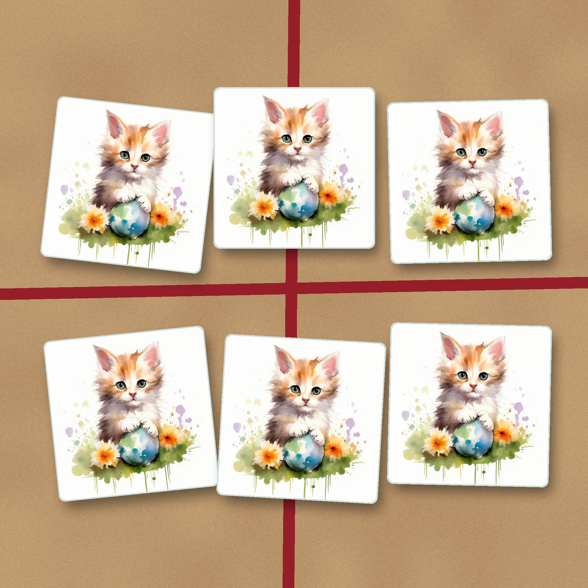 Ginger Kitten with Flowers & Ball square glass coasters on kraft gift wrap