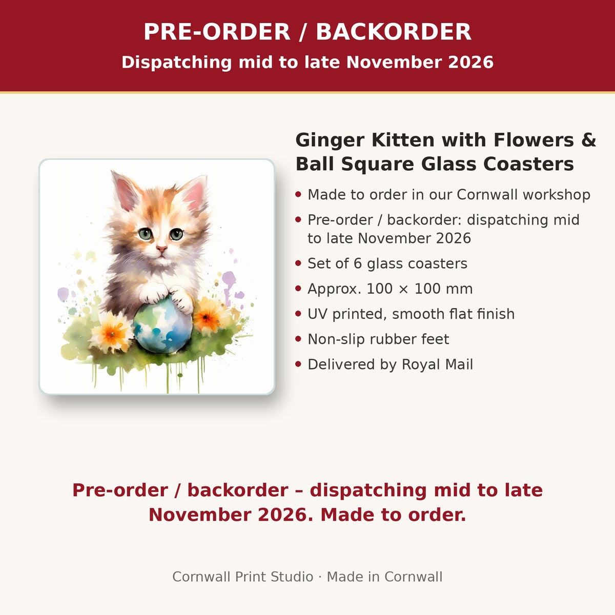 Info card: Ginger Kitten with Flowers & Ball Square Glass Coasters – Set of 6, made to order, dispatching mid to late November 2026, delivered by Royal Mail