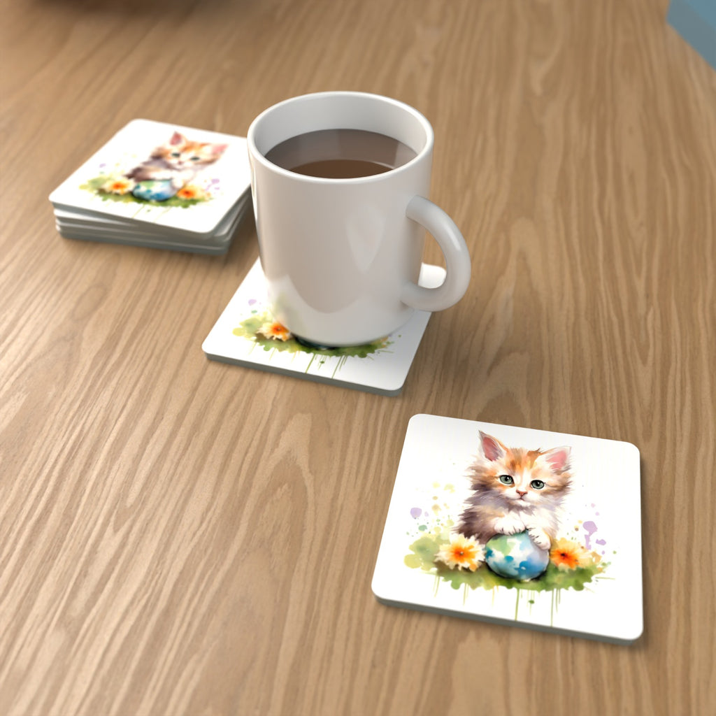 Ginger Kitten with Flowers & Ball Square Glass Coasters – Set of 6 – lifestyle mockup with a mug of coffee